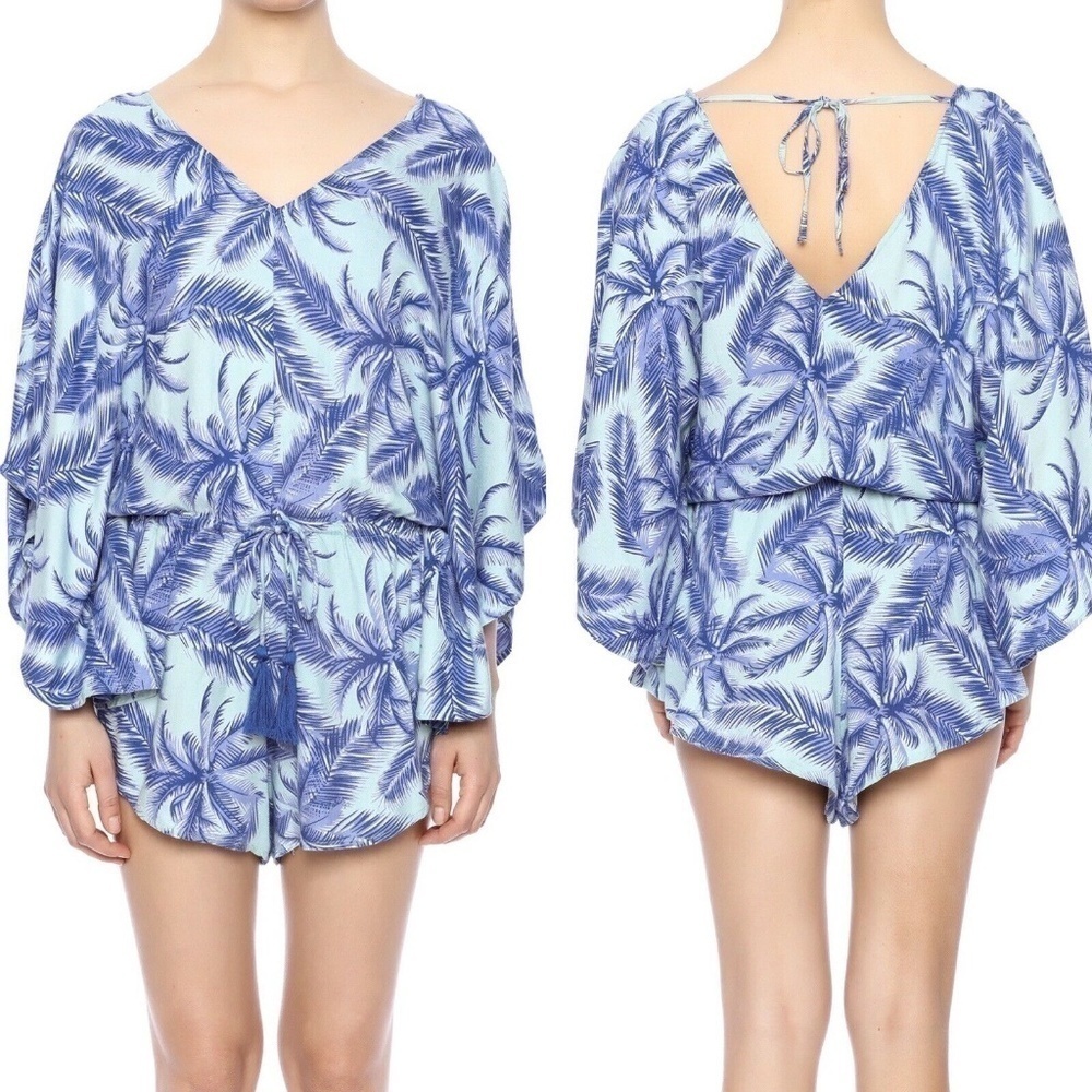En Creme Blue/White Palm Romper Waist Tie Kimono M